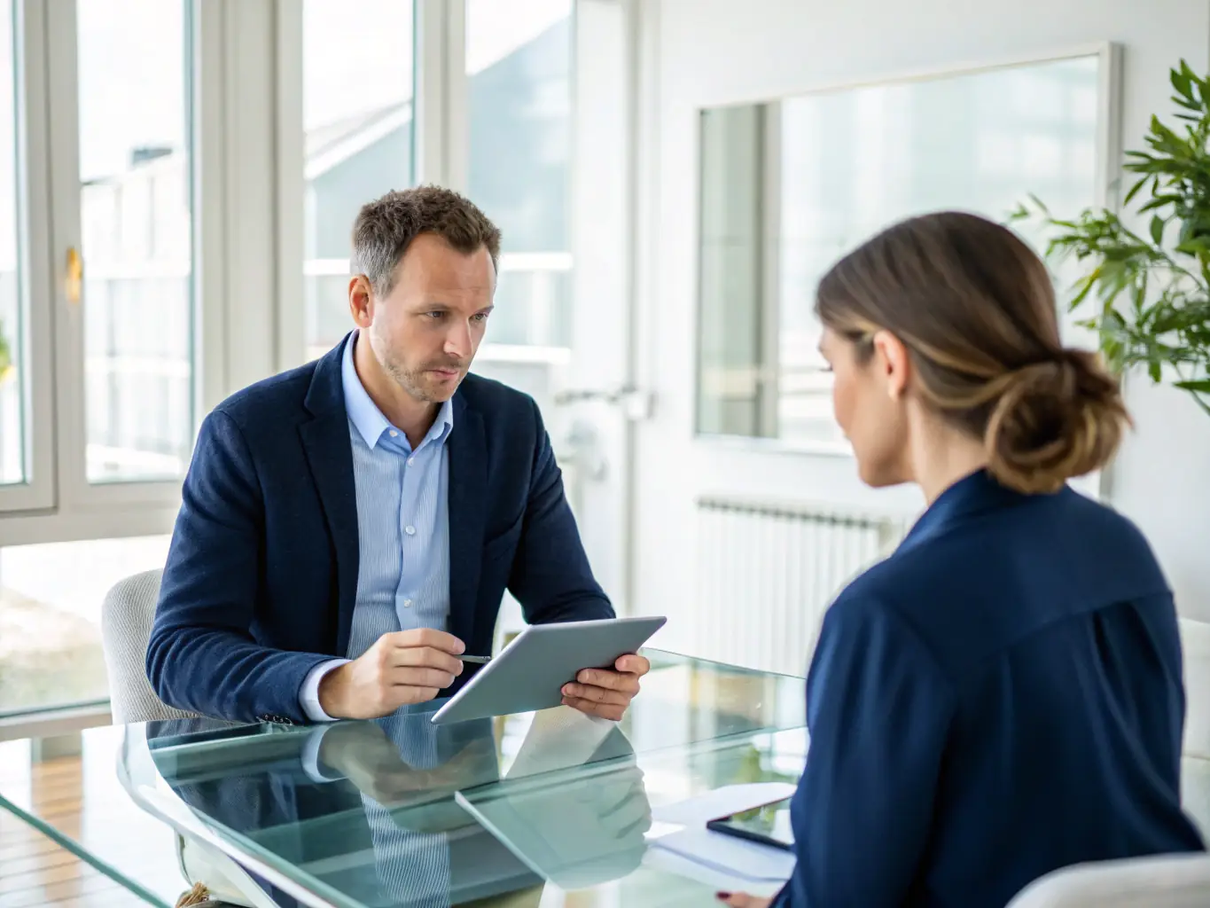 A professional business advisor is presenting funding options on a tablet to a small business owner in a modern office setting, emphasizing the personalized consultation process.