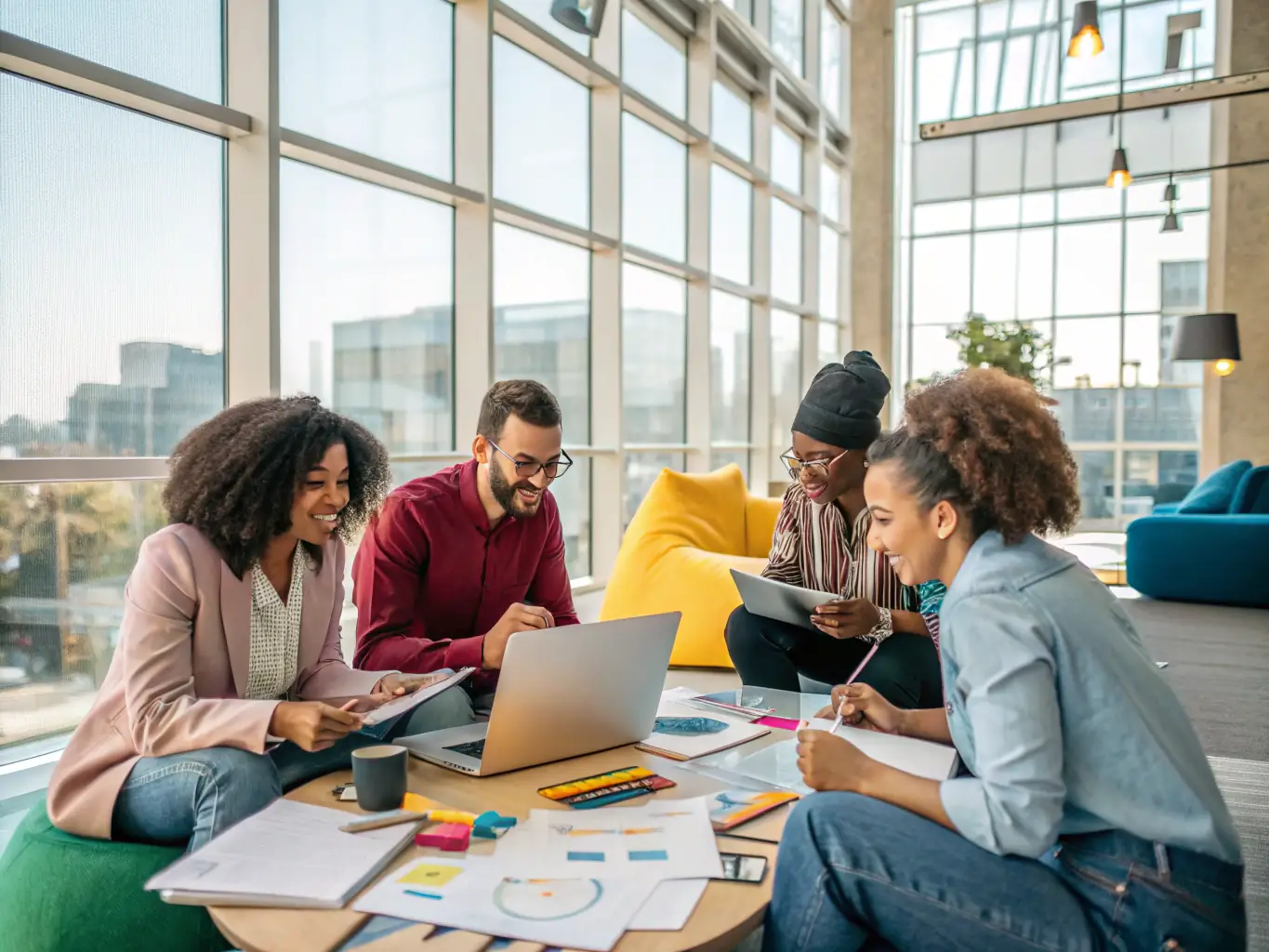 A diverse group of entrepreneurs celebrating their business success in a co-working space, highlighting the community and growth opportunities facilitated by Quick150's funding.