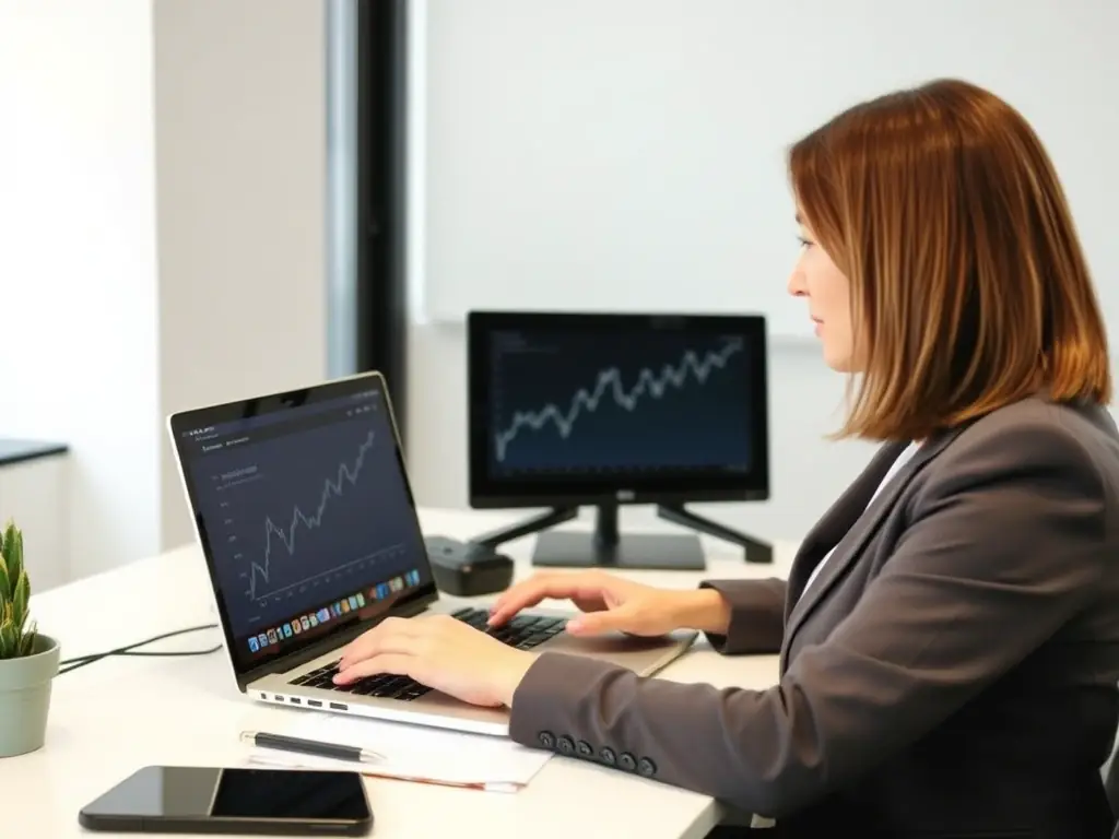 A businesswoman confidently reviewing financial growth charts on her laptop, symbolizing the potential for business expansion with Quick150's funding.